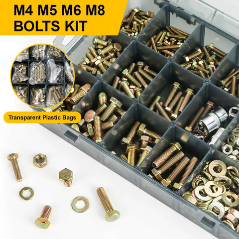 Clear box with 1012 Pieces Grade 8.8 Metric Bolts And Nuts Set in compartments; yellow zinc plated, M4 M5 M6 M8 sizes visible