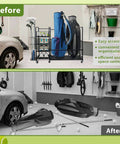 Before-and-after of On Wheels Golf Bag Rack with storage for two bags and gear in garage, organized versus scattered.