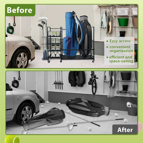 Before-and-after of On Wheels Golf Bag Rack with storage for two bags and gear in garage, organized versus scattered.