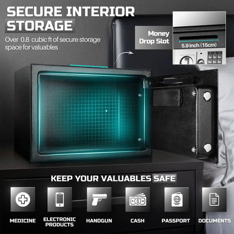 Open view of Drop Slot Money Safe Box with Digital Keypad Lock showing interior and drop slot, 0.8 cubic ft size, for secure storage.