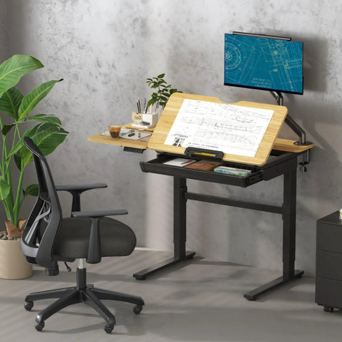 Flexispot Electric Drafting Table With Adjustable Height And Tilting Top 47.2 By 23.6 Inches Extendable Workstation with drawings and storage drawer.