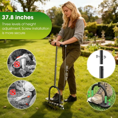 Woman using No-Fuss Manual Lawn Aerator Tool With Padded T-Handle And Wide Foot Plate, adjustable height in a garden