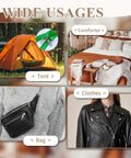Zipper Repair Kit With Replacement Sliders In Sizes 3 5 And 8 Plus Install Plier shown on tent, comforter, clothes, and bag.