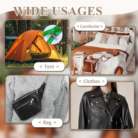 Zipper Repair Kit With Replacement Sliders In Sizes 3 5 And 8 Plus Install Plier shown on tent, comforter, clothes, and bag.