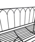 Close-up view of the Metal Trellis Arbor Arch with Built In Garden Bench for Climbing Plants and Vines in black finish.