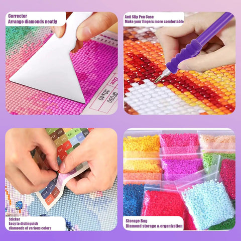 All-Inclusive Diamond Painting Tool Kit With A4 LED Light Pad Bracket, showing tools, trays, and diamond storage bags.