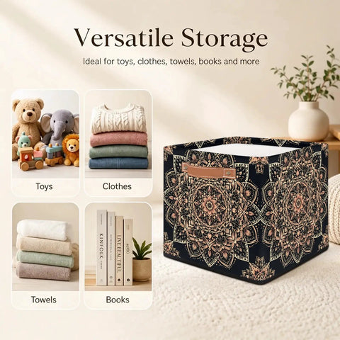 Retro Bronze Mandala Foldable Storage Cubes in 13 inch size, perfect for organizing toys, clothes, towels, and books.