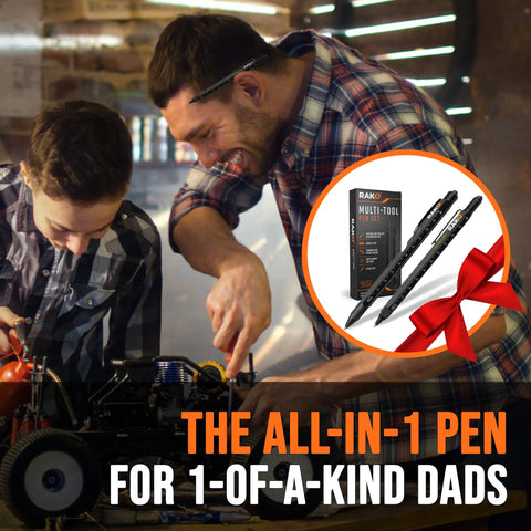 Father and son using 11 In 1 Multitool Pen Set With LED Light And Stylus Screwdrivers Level Ruler Bottle Opener 2 Pack EDC Tactical Pens