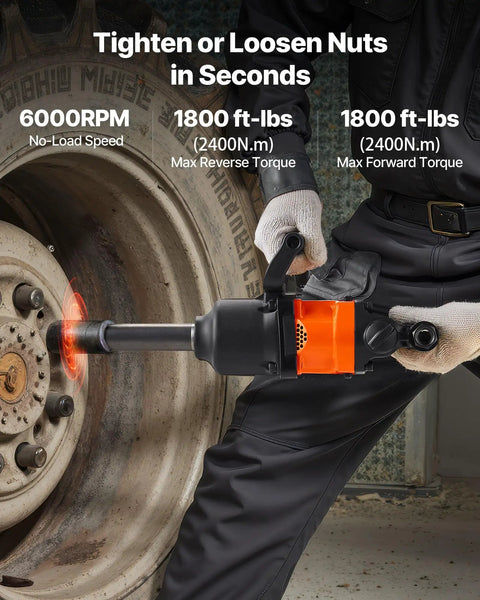 One Inch Pneumatic Impact Wrench Dishing Out 1800 Ft Lbs Of Raw Breakaway Torque With Six Inch Extended Anvil and Featherweight Frame in action loosening a tire bolt.