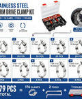 Huge Heavy Duty 179 Piece Stainless Steel Hose Clamp Assortment Kit With Durable Toolbox And Wrench. Perfect For Marine, Plumbing, Car Mechanic Jobs. Premium 304 Clamps Range From 1/4 To 2-3/4 Inches. Keep Gears Safe And Ready Anytime You Need Them Fast. image of stainless steel worm drive clamp kit with 179 pieces, 10 sizes, toolbox and wrenches