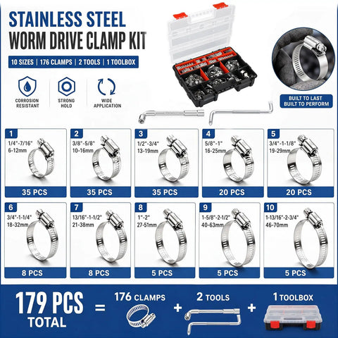 Huge Heavy Duty 179 Piece Stainless Steel Hose Clamp Assortment Kit With Durable Toolbox And Wrench. Perfect For Marine, Plumbing, Car Mechanic Jobs. Premium 304 Clamps Range From 1/4 To 2-3/4 Inches. Keep Gears Safe And Ready Anytime You Need Them Fast. image of stainless steel worm drive clamp kit with 179 pieces, 10 sizes, toolbox and wrenches