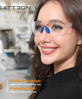 Woman wearing 24 Pack Clear Safety Glasses With UV Protection And ANSI Z87.1, Scratch And Impact Resistant Protective Eyewear
