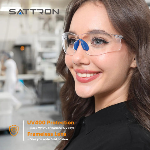 Woman wearing 24 Pack Clear Safety Glasses With UV Protection And ANSI Z87.1, Scratch And Impact Resistant Protective Eyewear