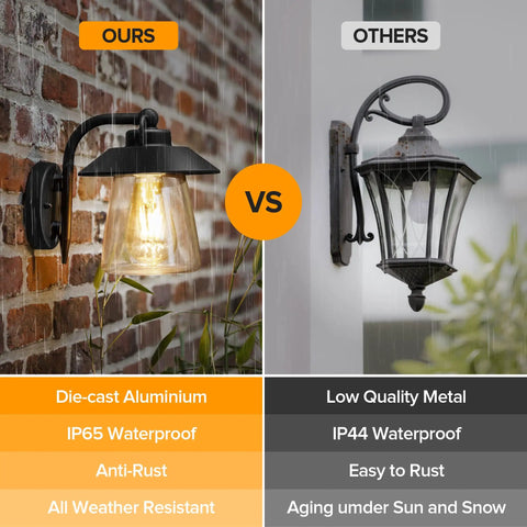 Comparison of Top Shelf Premium Matte Black Wall Lantern With Slick Clear Glass Panel and a less durable wall sconce.