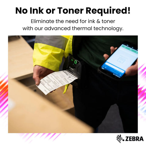 Wireless Mobile Direct Thermal Printer 4 Inch 203 DPI Handheld Label Maker printing clear labels in a warehouse setting.