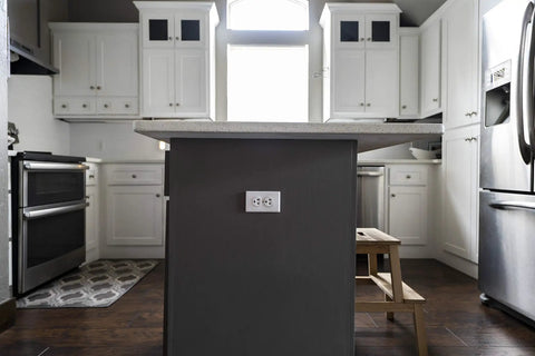 Kitchen island featuring UltraPro Duplex Heavy Duty Wall Outlet With Reinforced Yoke And Self Grounding Clip 3 Prong 15A White UL Listed
