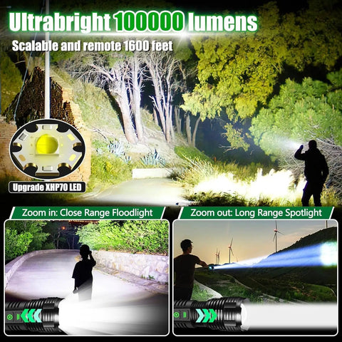 Rechargeable Flashlight With 120000 Lumens Beast Mode Bright LED Tactical Light Zoomable For Camping Hunting And Emergencies