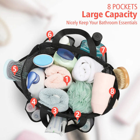 Top view of Must Have Portable Shower Caddy For Dorm Life With 8 Pockets S Hook Storage Bag, filled with toiletries in black mesh design.