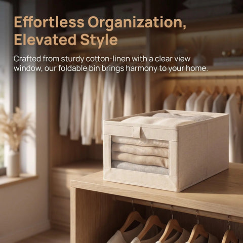 Heavy Duty Cotton Linen Foldable Storage Bins Stackable Closet Organizers on a shelf, neatly holding folded clothes visible through the clear window.