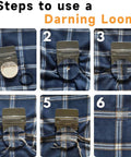 Step-by-step guide with Complete Darning Kit With 14 Hook Mini Loom For Beginners Mushroom Patch Maker For Jeans And Socks Patch Repair Kit Includes Threads Needles Pin Cushion Crochet Hook Elastic Bands And Random Pattern Darning Accessories, showing loom on fabric.