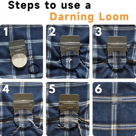 Step-by-step guide with Complete Darning Kit With 14 Hook Mini Loom For Beginners Mushroom Patch Maker For Jeans And Socks Patch Repair Kit Includes Threads Needles Pin Cushion Crochet Hook Elastic Bands And Random Pattern Darning Accessories, showing loom on fabric.