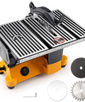 Compact Mini Table Saw With Three Blades 90W Desktop Miter Saw For DIYers And Craft Lovers Cutting Metal Wood Ceramic Tile PCB And Acrylic In Tight Spaces Space Saving Design, showing saw with attached blade and two additional blades
