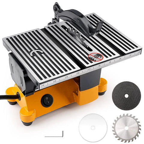 Compact Mini Table Saw With Three Blades 90W Desktop Miter Saw For DIYers And Craft Lovers Cutting Metal Wood Ceramic Tile PCB And Acrylic In Tight Spaces Space Saving Design, showing saw with attached blade and two additional blades