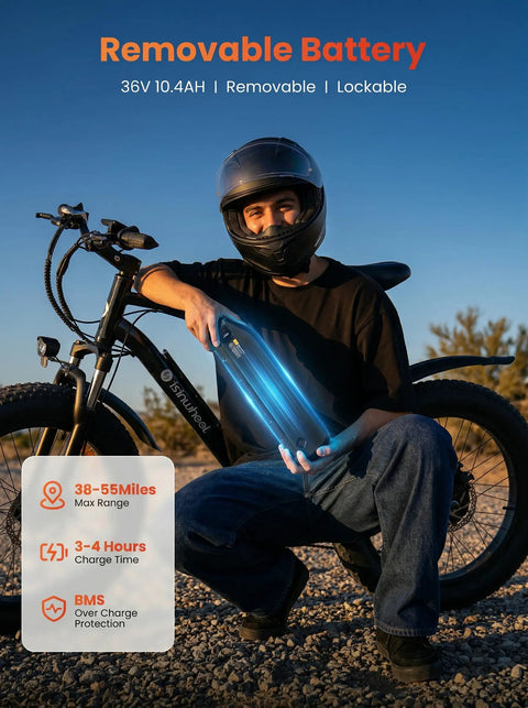 Rider showing removable battery of M10 Pro Electric Mountain Bike For Adults With 1000W Peak Motor, 22 MPH Top Speed