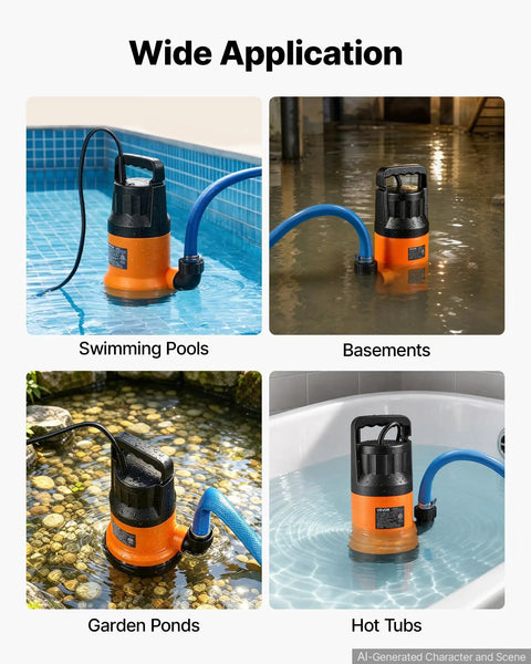Heavy Duty Submersible Water Pump With 25 Foot Hose Offering One Point Two Horsepower And Five Thousand Gallons Per Hour Output in various uses.