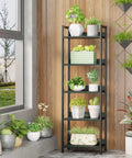 5 Tier Bookshelf With Drawer And Industrial Style Bakers Rack In Black, Tall Narrow Free Standing Wood And Metal Display Shelf