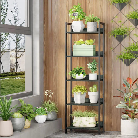 5 Tier Bookshelf With Drawer And Industrial Style Bakers Rack In Black, Tall Narrow Free Standing Wood And Metal Display Shelf