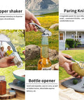 All In One Camping Kitchen Set With Stainless Steel Tongs Slotted Spatulas Spoons Chef Knife Kitchen Shears Bottle Opener Peeler And Spice Bottles Plus A Chopping Board And Four Plastic Plates For Outdoor Cooking On The Go Picnics And BBQ