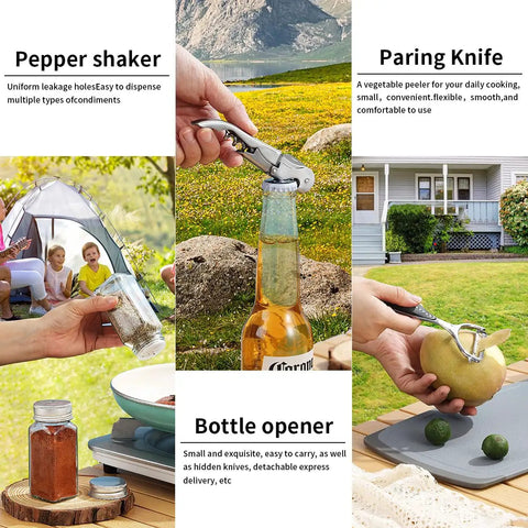 All In One Camping Kitchen Set With Stainless Steel Tongs Slotted Spatulas Spoons Chef Knife Kitchen Shears Bottle Opener Peeler And Spice Bottles Plus A Chopping Board And Four Plastic Plates For Outdoor Cooking On The Go Picnics And BBQ