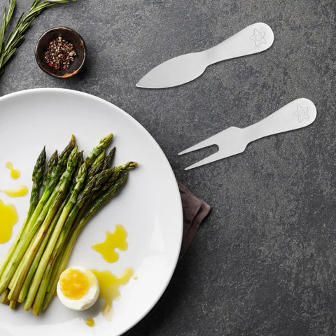 Five Piece Cheese Knives Set Stainless Steel Grab And Go Design with asparagus and egg on plate