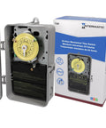 24-Hour Mechanical Time Switch with 208-277VAC 60Hz DPST Indoor Outdoor Enclosure next to product packaging