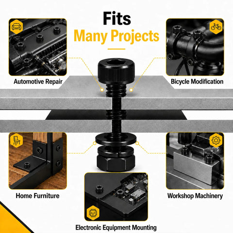 Go To M4 Screws Kit With Eight Lengths 6 8 10 12 16 20 25 30mm Hex Socket Head Bolts Nuts And Washers 12.9 Grade Alloy Steel Black Oxide For 3D Printers And DIY Projects use examples on automotive, bicycle, and furniture projects