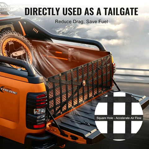 Heavy Duty Tailgate Cargo Net For Tesla Cybertruck securing loads while driving, showing mesh design and air flow features.