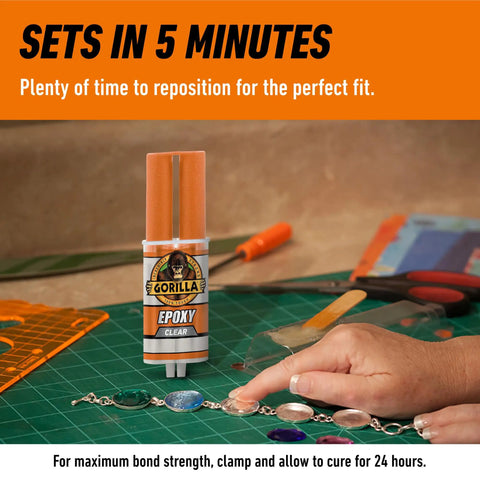 Two Part Clear Epoxy Kit 0.85 Oz Syringe Pack Of 2, 5 Minute Set Time, Tough As Nails Bond For Home And Auto Repairs, Gap Filling And Repositioning, Dries Crystal Clear, Waterproof And Heat Resistant Resin For Wood, Metal, Plastic, Glass. Clear epoxy syringe on craft mat