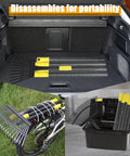 65 Inch Adjustable Leaf Rake With Long Handle And 25 Metal Tines 18 Inch Wide Yard Rake disassembled for portability in a car trunk