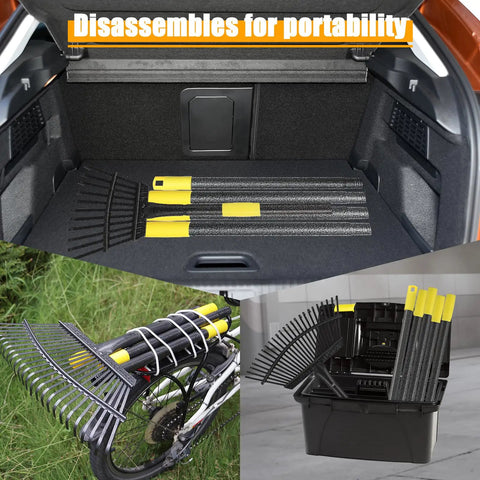 65 Inch Adjustable Leaf Rake With Long Handle And 25 Metal Tines 18 Inch Wide Yard Rake disassembled for portability in a car trunk