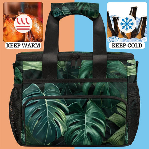 Green Palm Leaf Insulated Picnic Backpack Lunch Bag For Women And Men Portable Cooler Backpack Keeps Food Fresh With Thick Lining