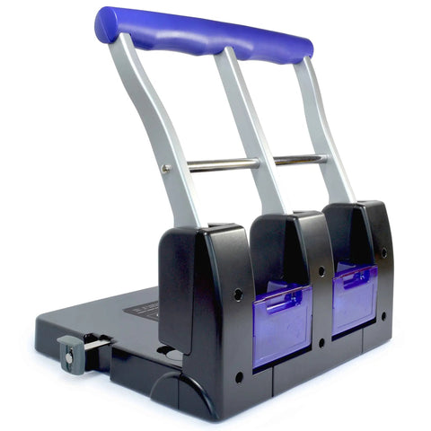 Heavy Duty Three Hole Puncher With 100 Sheet Capacity Self Centering Guide And Ergonomic Grip For Office Home And Print Shops Black And Purple Workhorse Performance, angled view