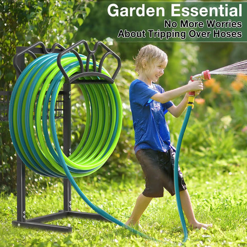 Child using water with Upgraded Garden Hose Holder With Large Basket Heavy Duty And Sturdy Base Freestanding Hose Stand