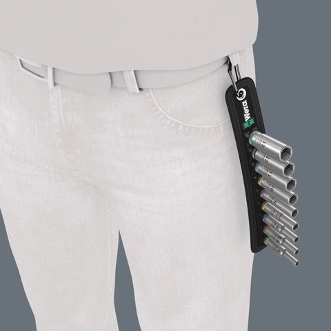 Deep One Quarter Inch Drive Nine Piece Socket Set On Durable Textile Belt with Smooth Twist Unlock hanging on belt loop
