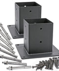 Beefy Two Pack 3.6 By 3.6 Inch Post Base Anchors In Stainless Steel With Black Finish, visible with screws and bolts for assembly