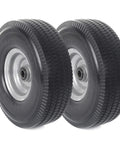 Two Beefy 10 Inch Solid Wheel Replacement Kits with Flat Free PU Run Flat Tire for 4.10/3.50-4 wheels shown on a white background