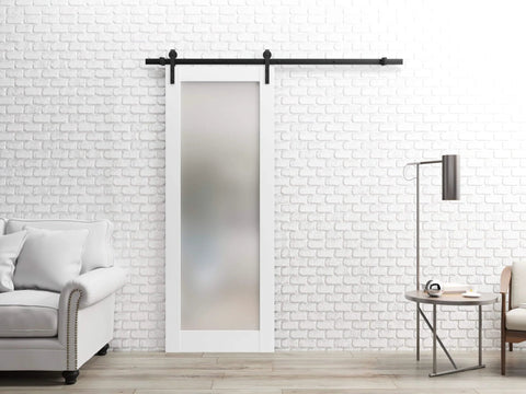 Frosted Glass Barn Sliding Door Kit With A Slick 6.6 Ft Rail And Hardware Set For 24 By 96 Inch Interior Door, Modern Solid Core Eco Veneer