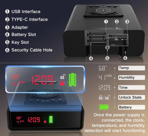 Biometric Gun Safe With Wireless Charging, 3 Quick Access Fingerprint Money Boxes, Compact Bedside Drawer Safe With 24 7 Digital Clock display features