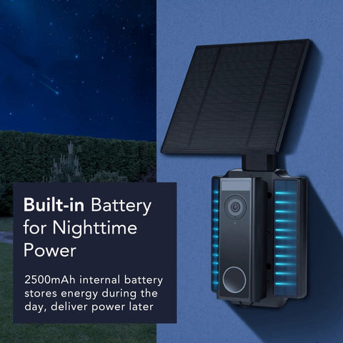 Doorbell Solar Charger With Built In Battery For Arlo Wyze And Eufy Wireless Doorbells mounted outdoors at night