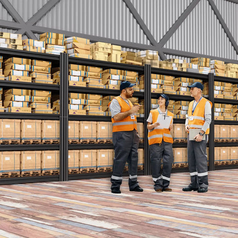 Warehouse workers standing by Beefy Heavy Duty Metal Garage Shelving Unit 5 Tier 71 Inch Tall 35 Inch Wide 16 Inch Deep